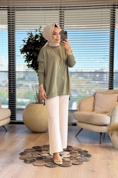 40741 Kolu Gold Düğmeli Triko Tunik Çağla