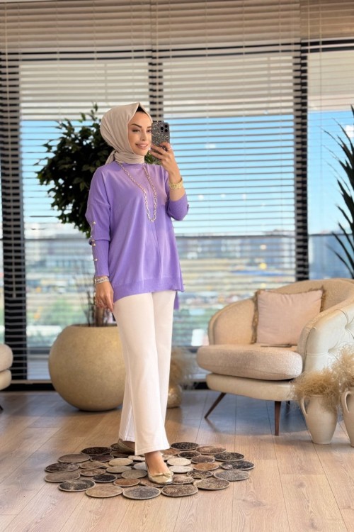 40741 Kolu Gold Düğmeli Triko Tunik Lila