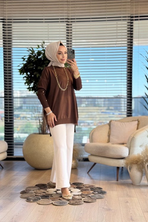 40741 Kolu Gold Düğmeli Triko Tunik Kahve