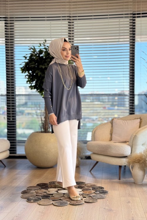 40741 Kolu Gold Düğmeli Triko Tunik Füme