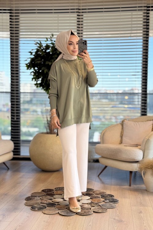 40741 Kolu Gold Düğmeli Triko Tunik Çağla