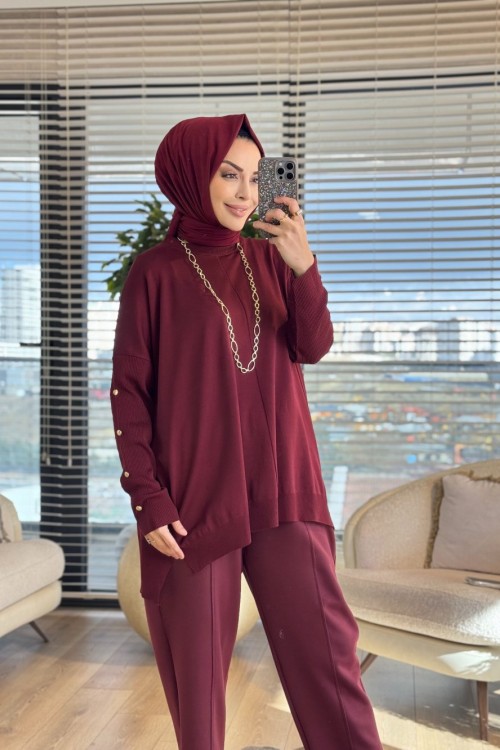40741 Kolu Gold Düğmeli Triko Tunik Bordo