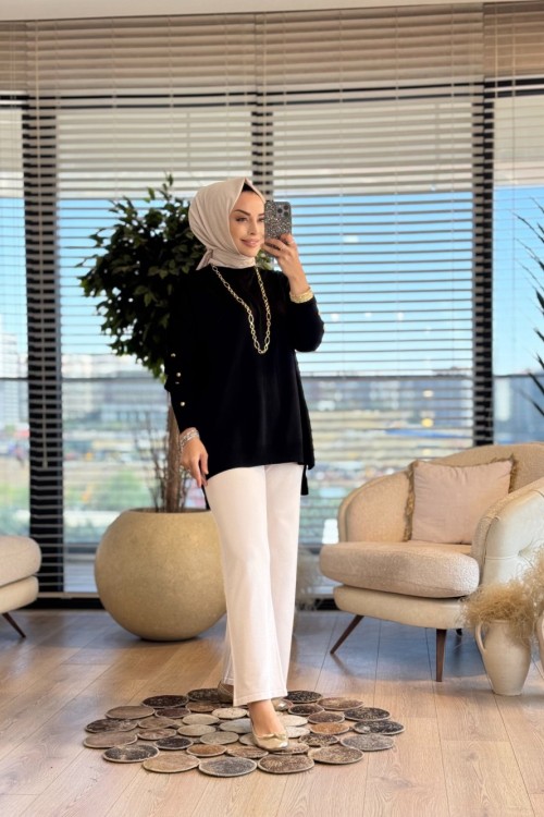 40741 Kolu Gold Düğmeli Triko Tunik Siyah