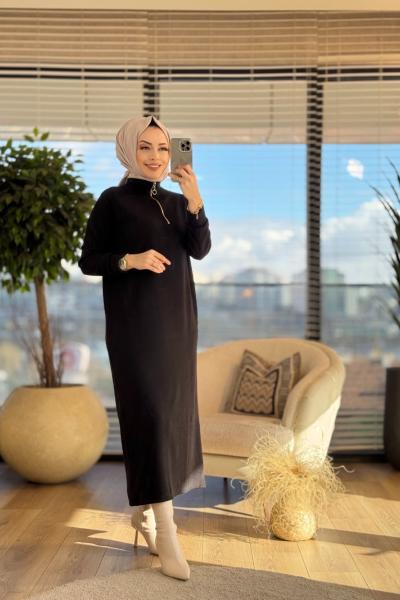 4086 Patı Fermuarlı Fitilli Elbise Siyah