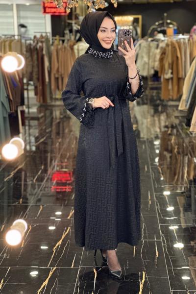 4096 Yaka Ve Kolu Boncuk İşli Desenli Elbise Siyah