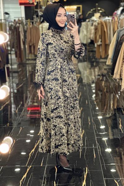 4096 Yaka Ve Kolu Boncuk İşli Desenli Elbise Siyah Bej