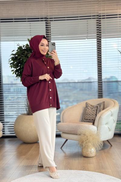 40969 Gold Düğmeli Hırka Bordo