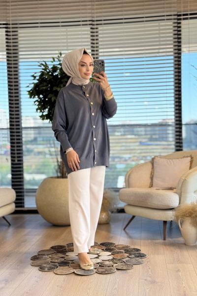 40969 Gold Düğmeli Hırka Füme