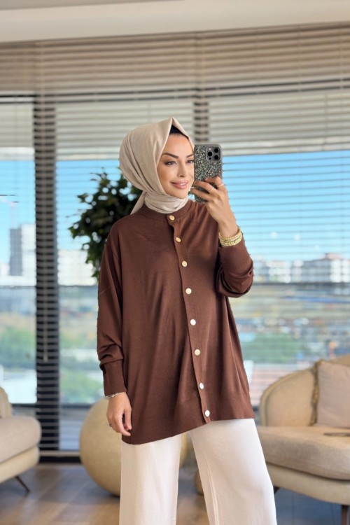 40969 Gold Düğmeli Hırka Kahve
