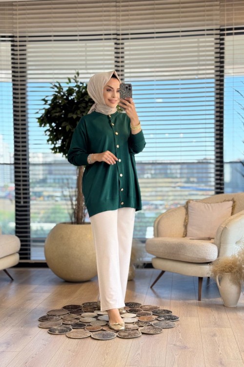 40969 Gold Düğmeli Hırka Zümrüt