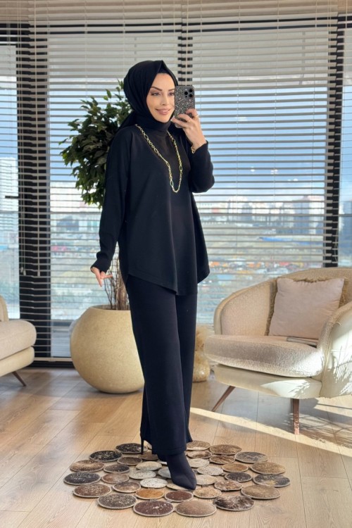 40972 Kolları Lastik Örgü Triko Tunik Siyah