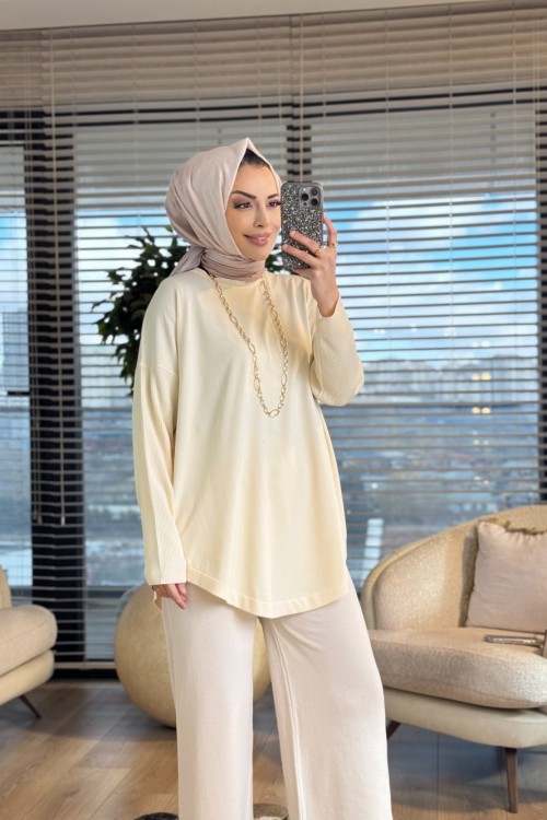 40972 Kolları Lastik Örgü Triko Tunik Ekru