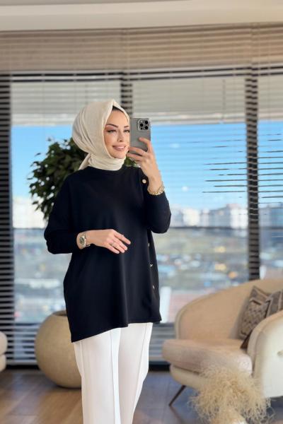 40986 Gold Düğme Detaylı Tunik Siyah