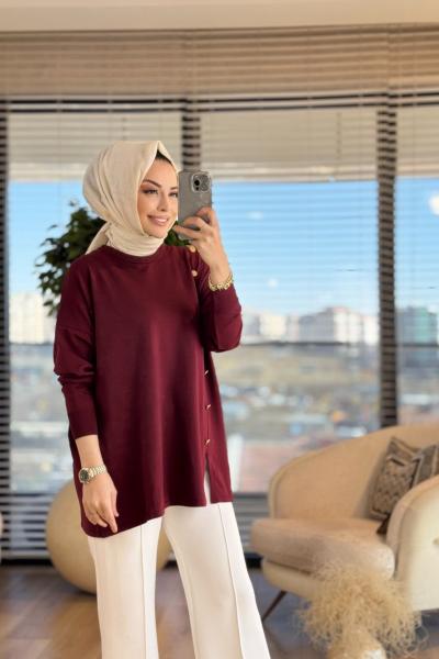 40986 Gold Düğme Detaylı Tunik Bordo