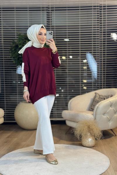 40994 Kolu Şerit Ve Düğme Detaylı Kazak Bordo