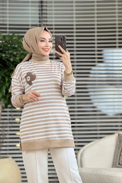 4102 Çizgili Papatya Nakışlı Sweat Bej