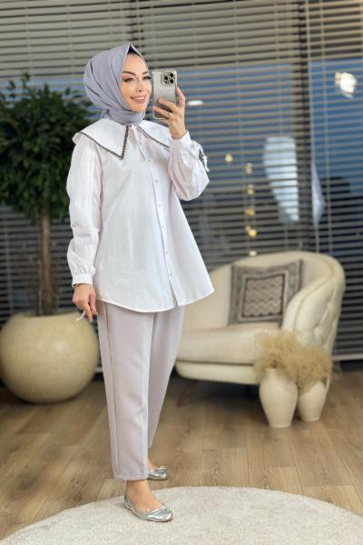 4104 Yaka Kenarı Pul Detaylı Gömlek Beyaz