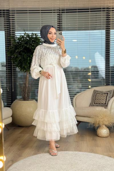 4118 Tül Yaka Sarkık Taşlı Elbise Ekru