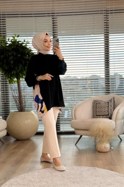 4122 Prenses Tunik Siyah Desenli