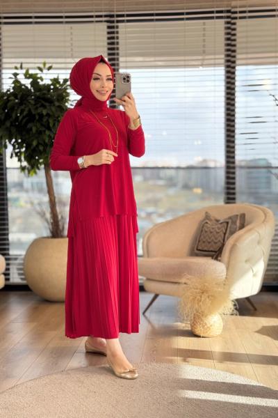 4125 Sandy Piliseli Etekli Takım Kırmızı