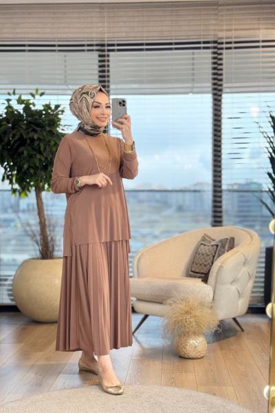 4125 Sandy Piliseli Etekli Takım Latte