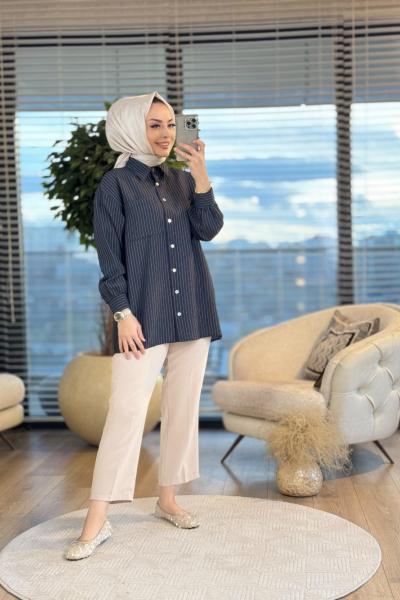 4126 Melisa Çizgili Gömlek Siyah
