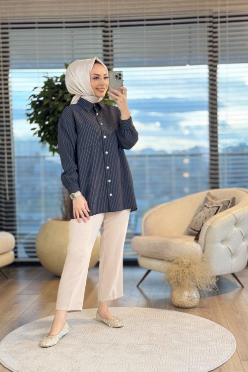 4126 Melisa Çizgili Gömlek Siyah