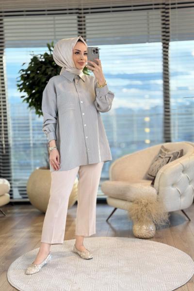 4126 Melisa Çizgili Gömlek Gri