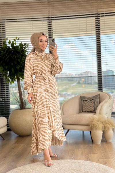 4127 Eteği Volan Detaylı Desenli Elbise Bej