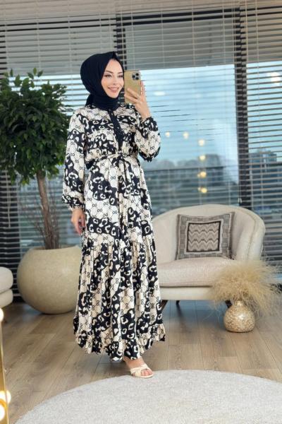 4129 Eteği Fırfırlı Desenli Elbise Ekru