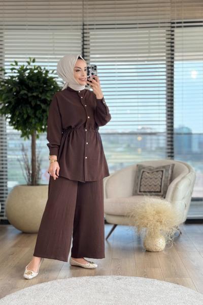 4130 Liza Pantolonlu Takım Kahve