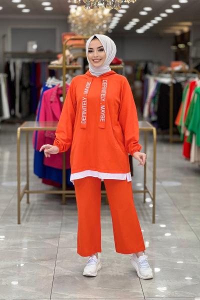 4132 Keten Etek Ucu Gömlek Parçalı Takım Oranj