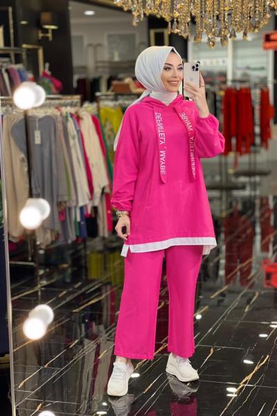 4132 Keten Etek Ucu Gömlek Parçalı Takım Fuşya