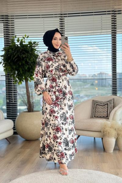 4135 Düşük Omuz Patlı Desenli Elbise Siyah Ekru