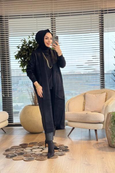4142 Saçak Uzun Hırka Siyah