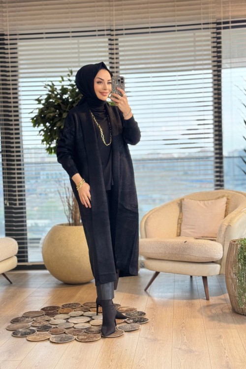4142 Saçak Uzun Hırka Siyah