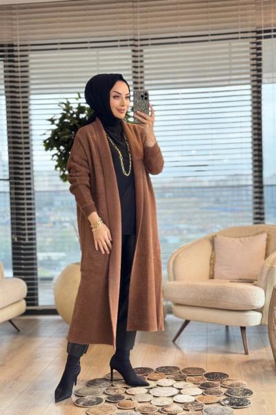 4142 Saçak Uzun Hırka Kahve