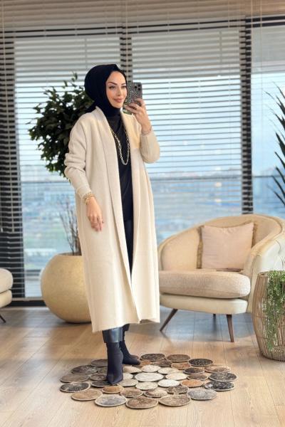 4142 Saçak Uzun Hırka Bej