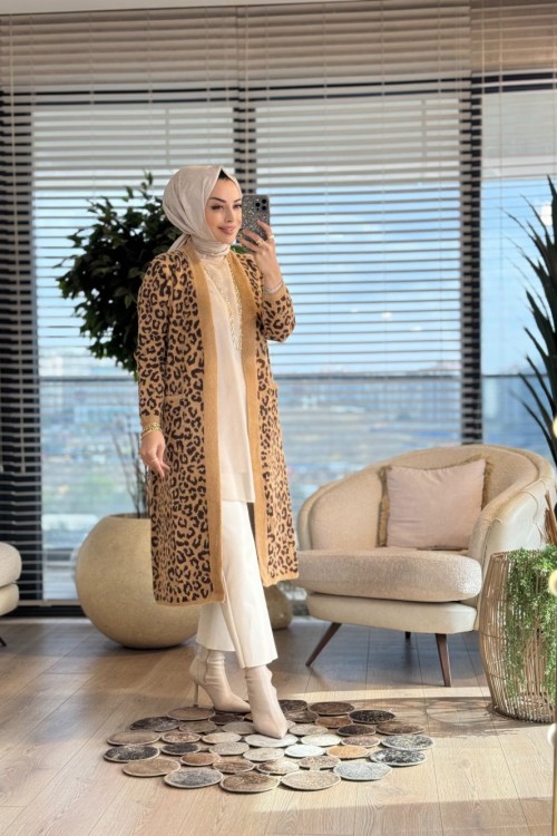 4143 Angora Leopar Desen Uzun Hırka Latte