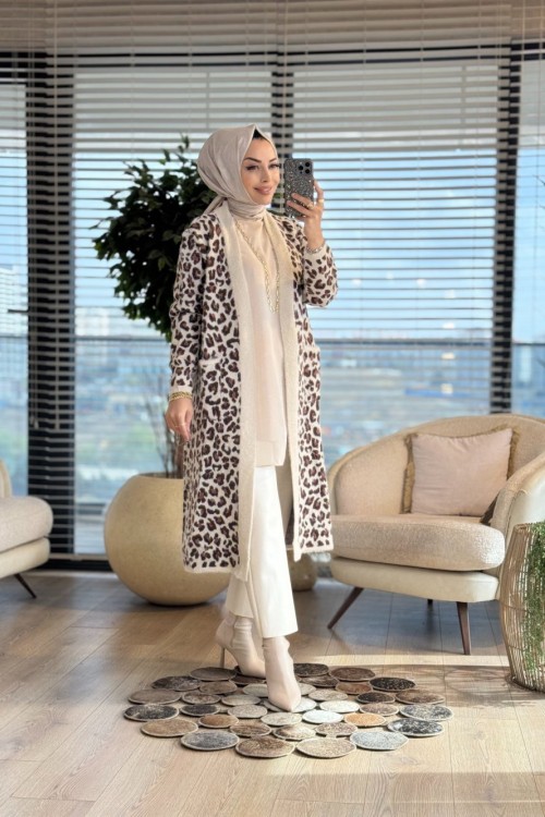 4143 Angora Leopar Desen Uzun Hırka Bej Kahve