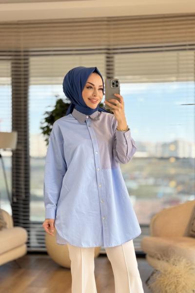 4149 Çizgi Parçalı Gömlek Mavi