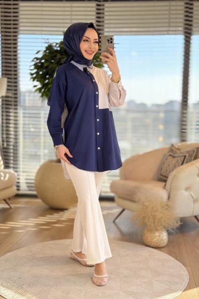 4149 Çizgi Parçalı Gömlek Lacivert