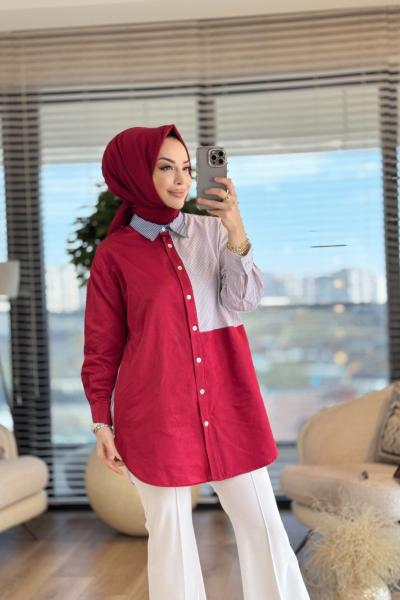 4149 Çizgi Parçalı Gömlek Bordo