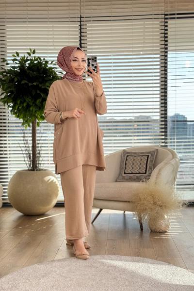 4170 Yanları Cep Üstü Taş İşlemeli Takım Latte