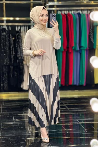 4174 Önü Ters V Etekli Takım Bej