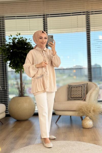 4195 Ön Fırfır Ve Boncuk Detaylı Tunik Bej