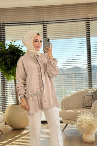 4195 Ön Fırfır Ve Boncuk Detaylı Tunik Koyu Bej
