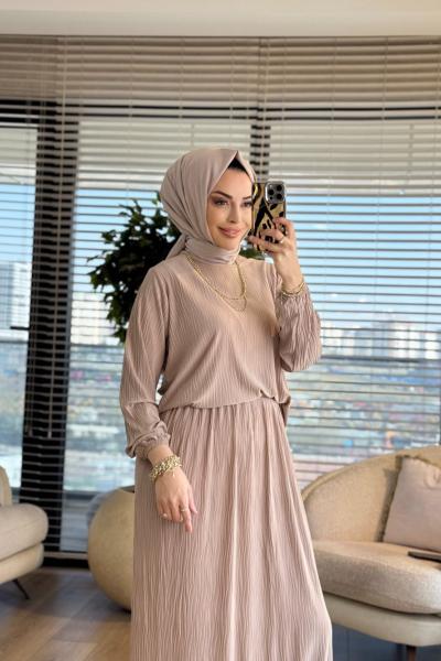 4209 Manolya Kraşlı Etekli Takım Bej