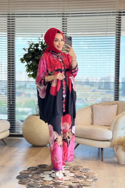 42100 Çiçek Desenli Takım Kırmızı Siyah