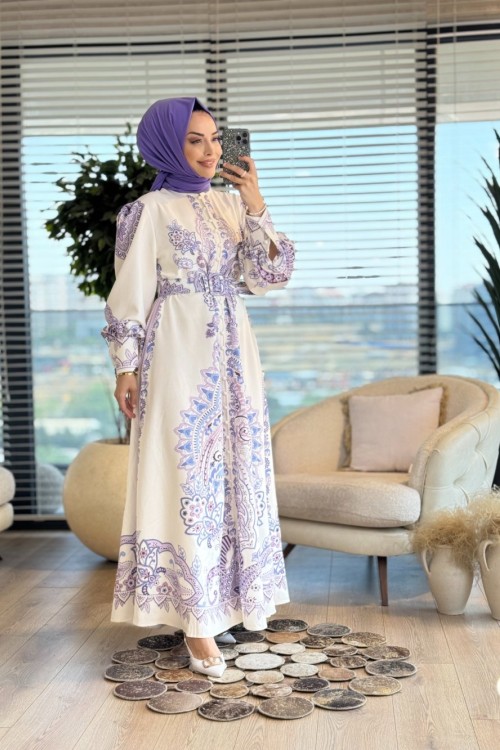 42122 Ön Arka Motif Desenli Elbise Ekru Lila